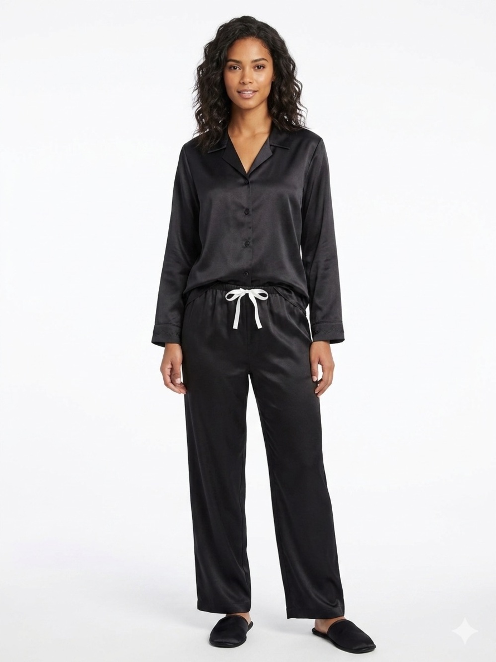 Jones New York Black Satin Pajama Set with White Drawstring